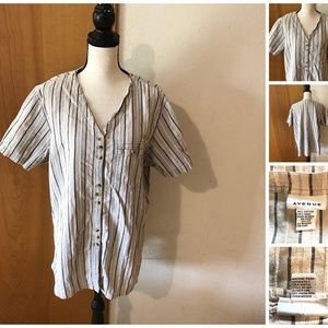 Taupe Stripe Short Sleeve V Neck Button Up
